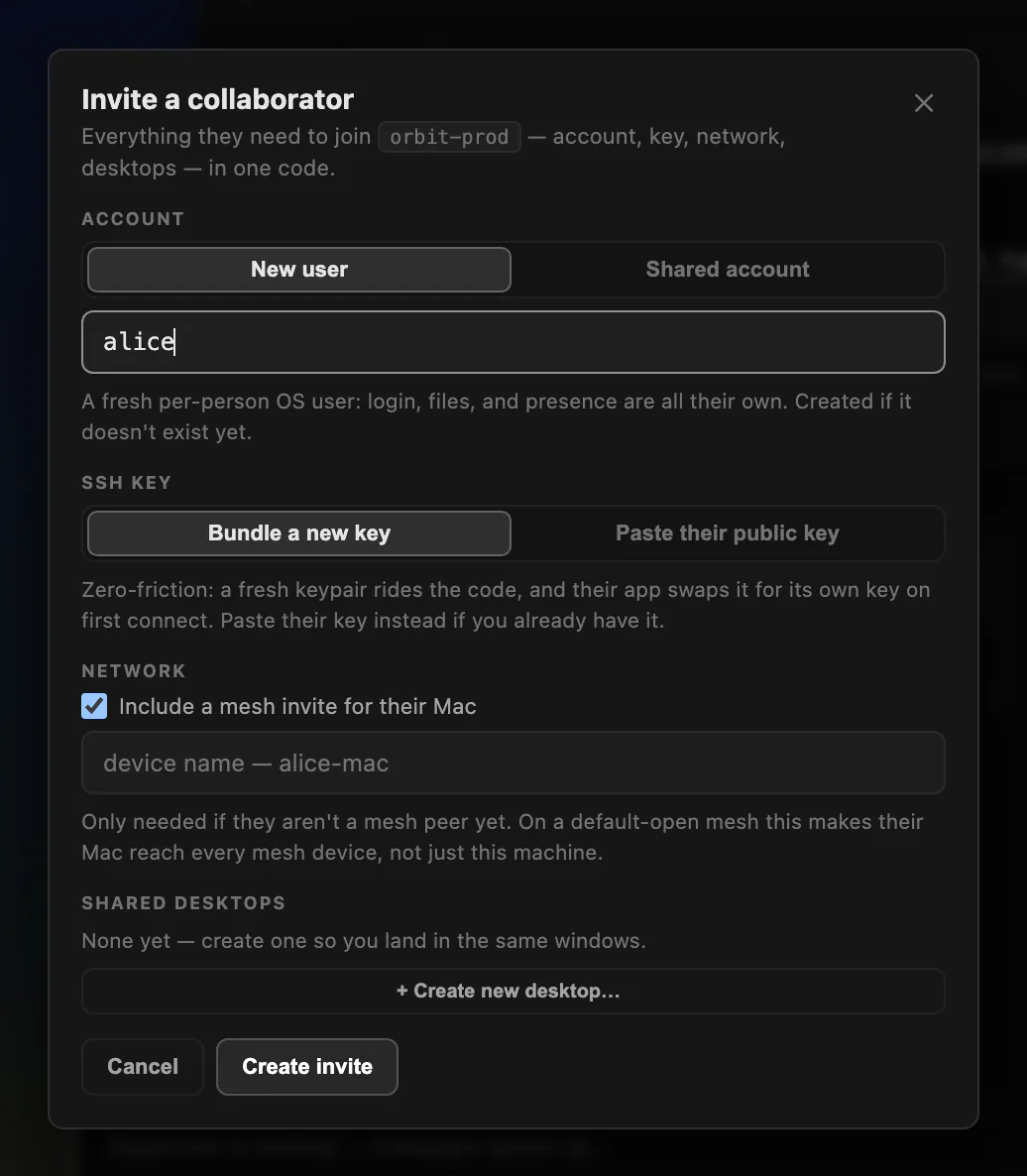 The Invite a collaborator dialogue with the name alice typed in, listing the account, key and network invite one code will create.