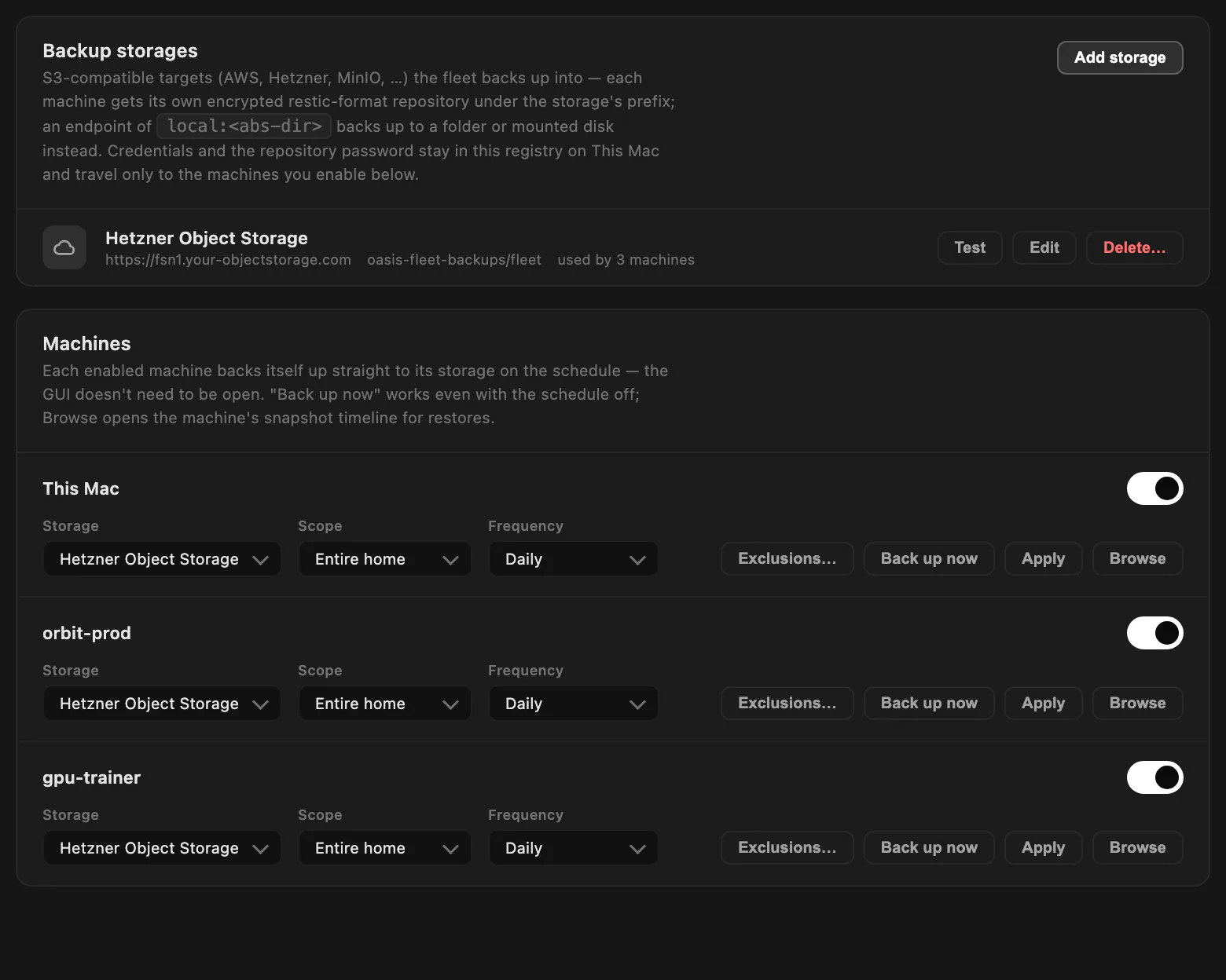 The Backups settings page with one storage destination configured and three machines each switched on with a scope and a daily schedule.