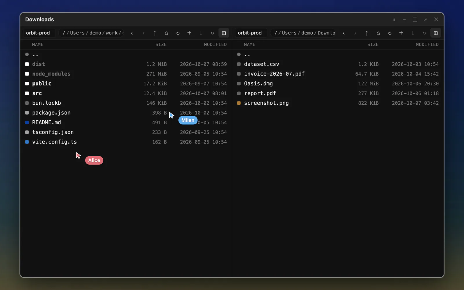 A two-pane file browser on one of the company's machines with two colleagues' cursors over the same listing.
